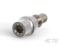 Een zilveren, cilindrische metalen stekkerverbinding met schroefdraad en meerdere gecontacteerde pennen. Ze wordt gebruikt voor het verbinden van kabels.
