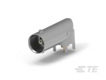 Een grijze metalen RF-connector, cilindrisch van vorm, met een contactpen aan de binnenkant.