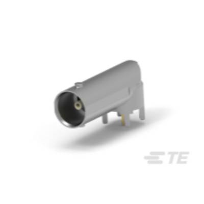 Een grijze metalen RF-connector, cilindrisch van vorm, met een contactpen aan de binnenkant.