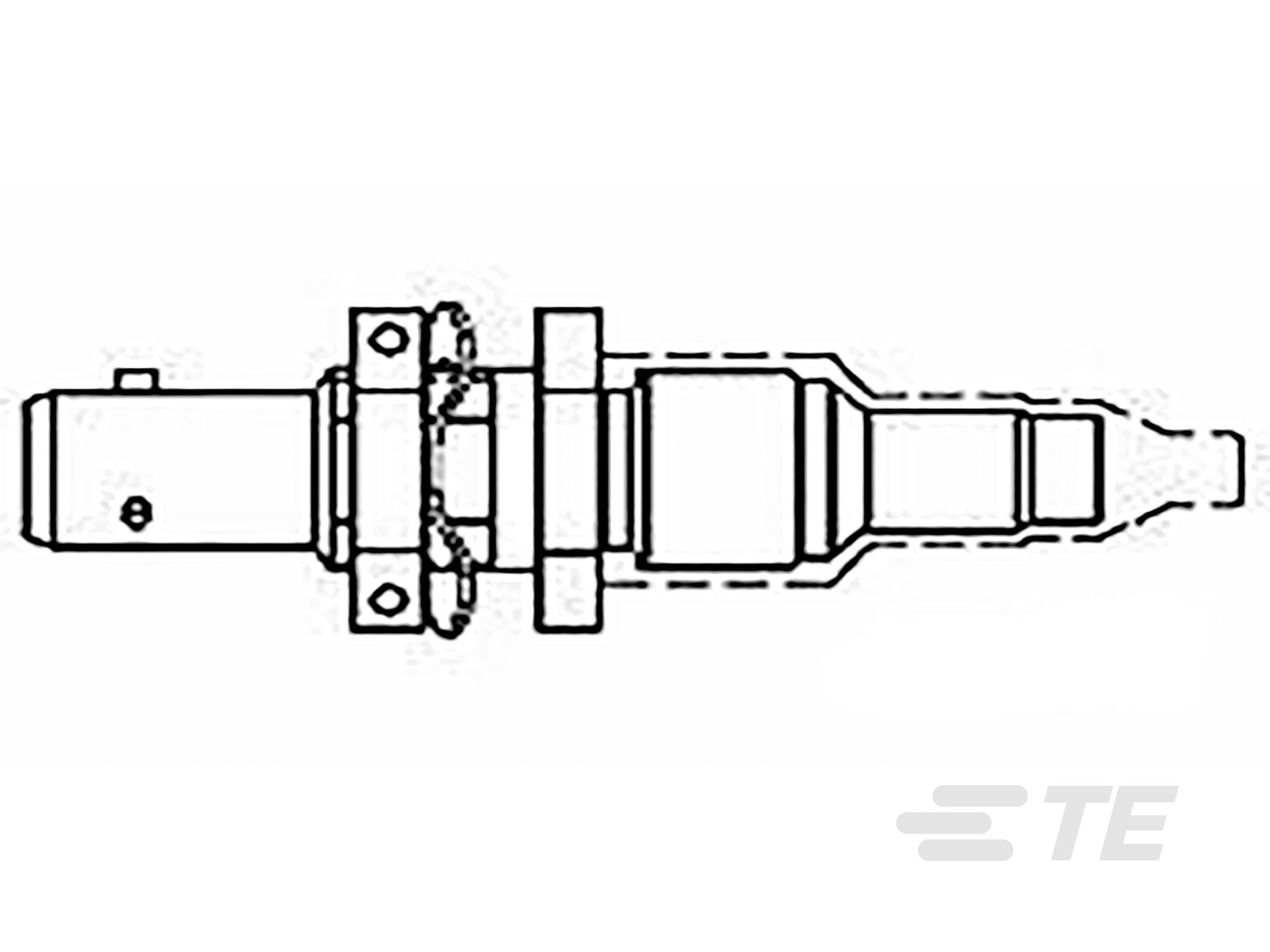 Technische tekening van een cilindrische connector met schroefdraad en vergrendelingsmechanisme, rechts gemarkeerd met 'TE'.