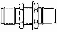 Technische tekening van een verbindingsstuk met schroefdraad, moeren en afdichtingen, weergegeven in zijaanzicht.