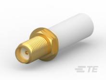 Cilindrische stekker met gouden schroef en wit behuizing. Geschikt voor kabelaansluitingen.