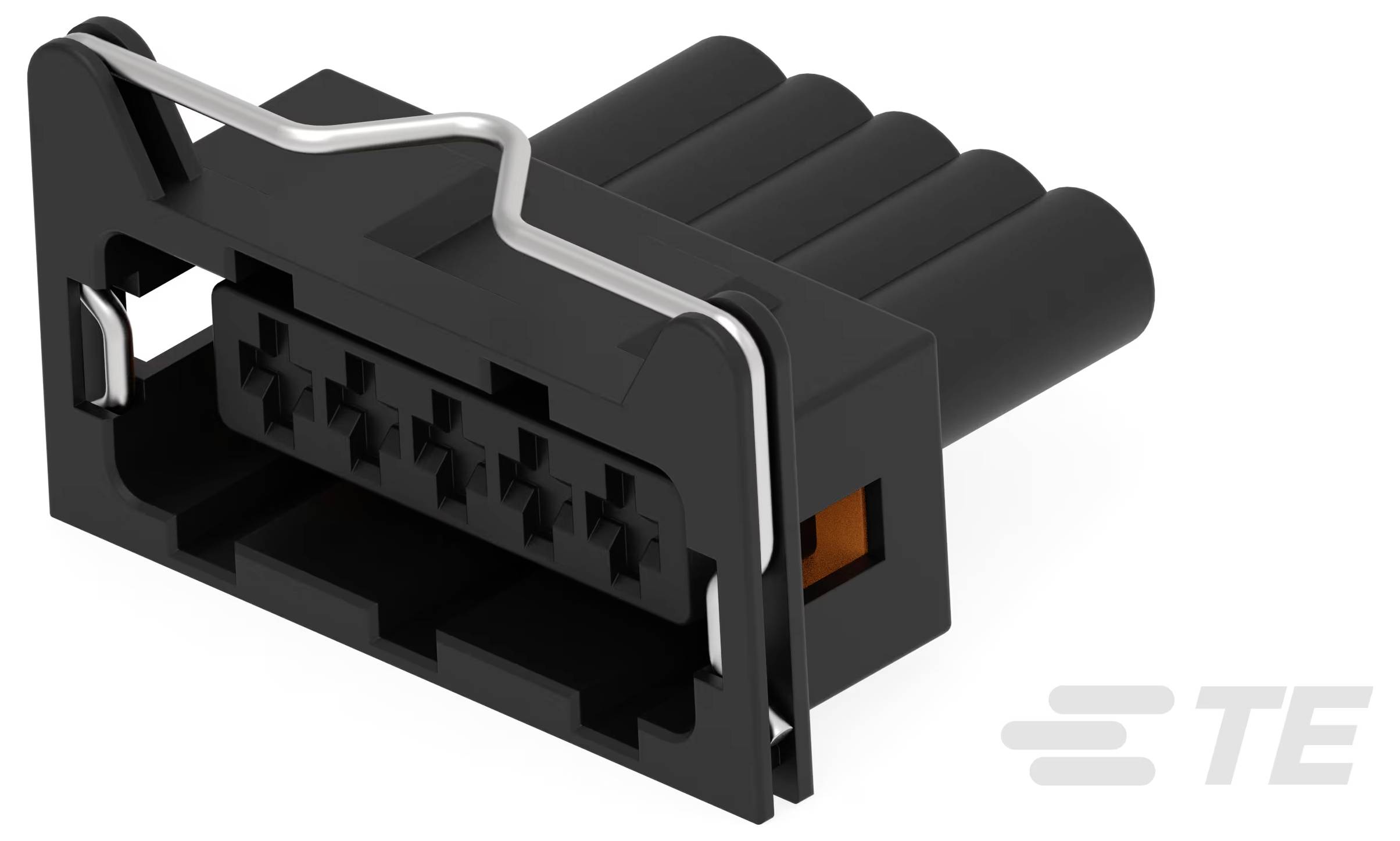 'TE Connectivity automotieve draadconnector met meerdere pinklemmen, rechthoekige vorm en ergonomisch design voor veilige kabelbevestiging.'