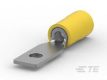 Een gele, cilindrische kabelschoen met een metalen ring die dienst doet als aansluitpunt. Geschikt voor elektrische verbindingen.