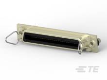 Stekkerconnector, DB50, Micro-D-type, metalen behuizing, zijdelingse bevestigingsclips, gebruikt voor elektronische verbindingen.