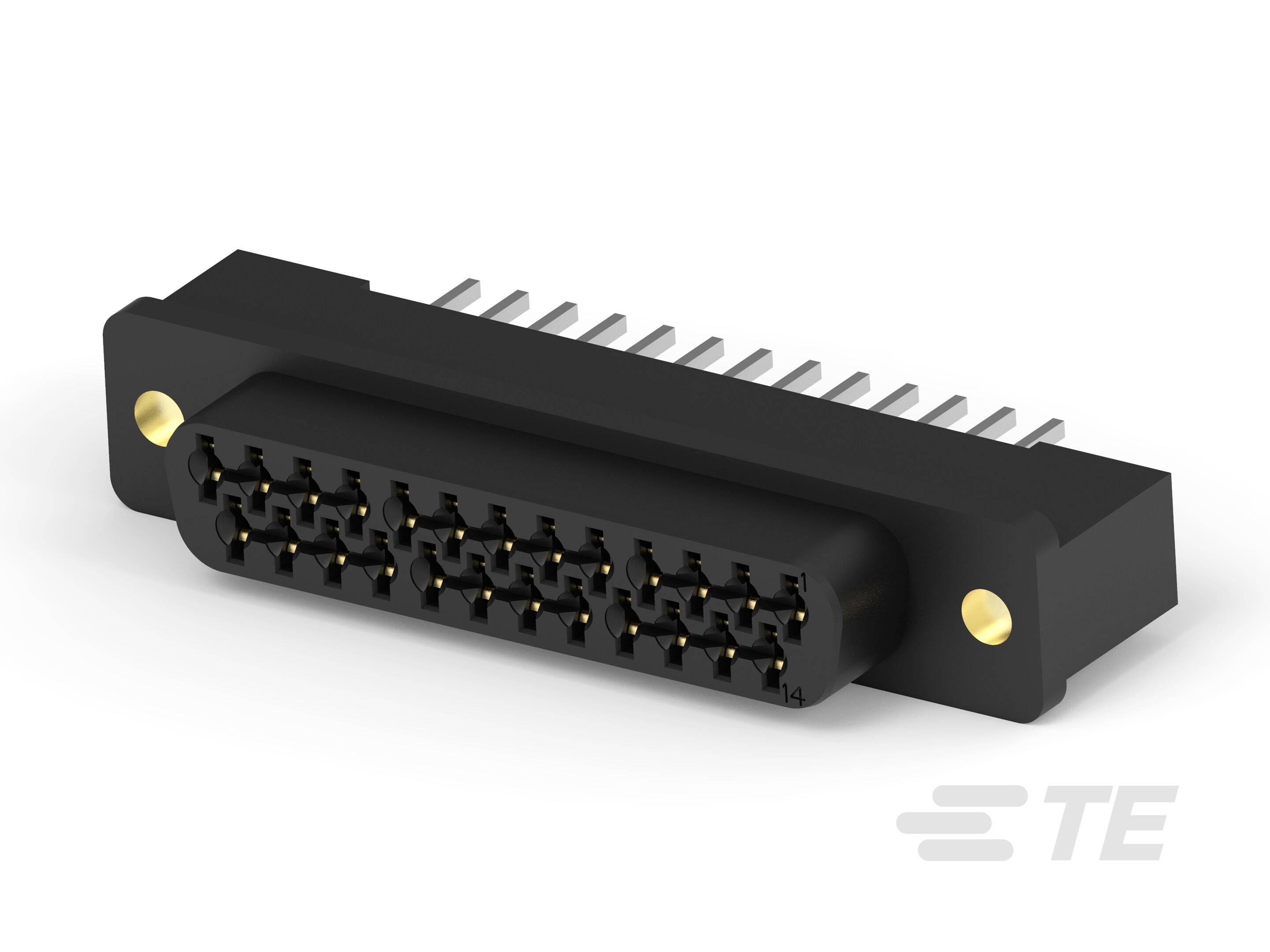 Een zwarte elektrische stekker met meerdere metalen pinnen, gebruikt voor het verbinden van elektronische componenten.