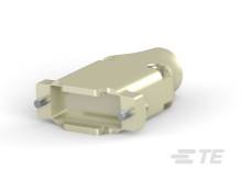 Een crèmekleurige adapterstekker met een rechthoekige opening en twee metalen pennen, ligt op een witte ondergrond.