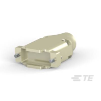 Een crèmekleurige adapterstekker met een rechthoekige opening en twee metalen pennen, ligt op een witte ondergrond.