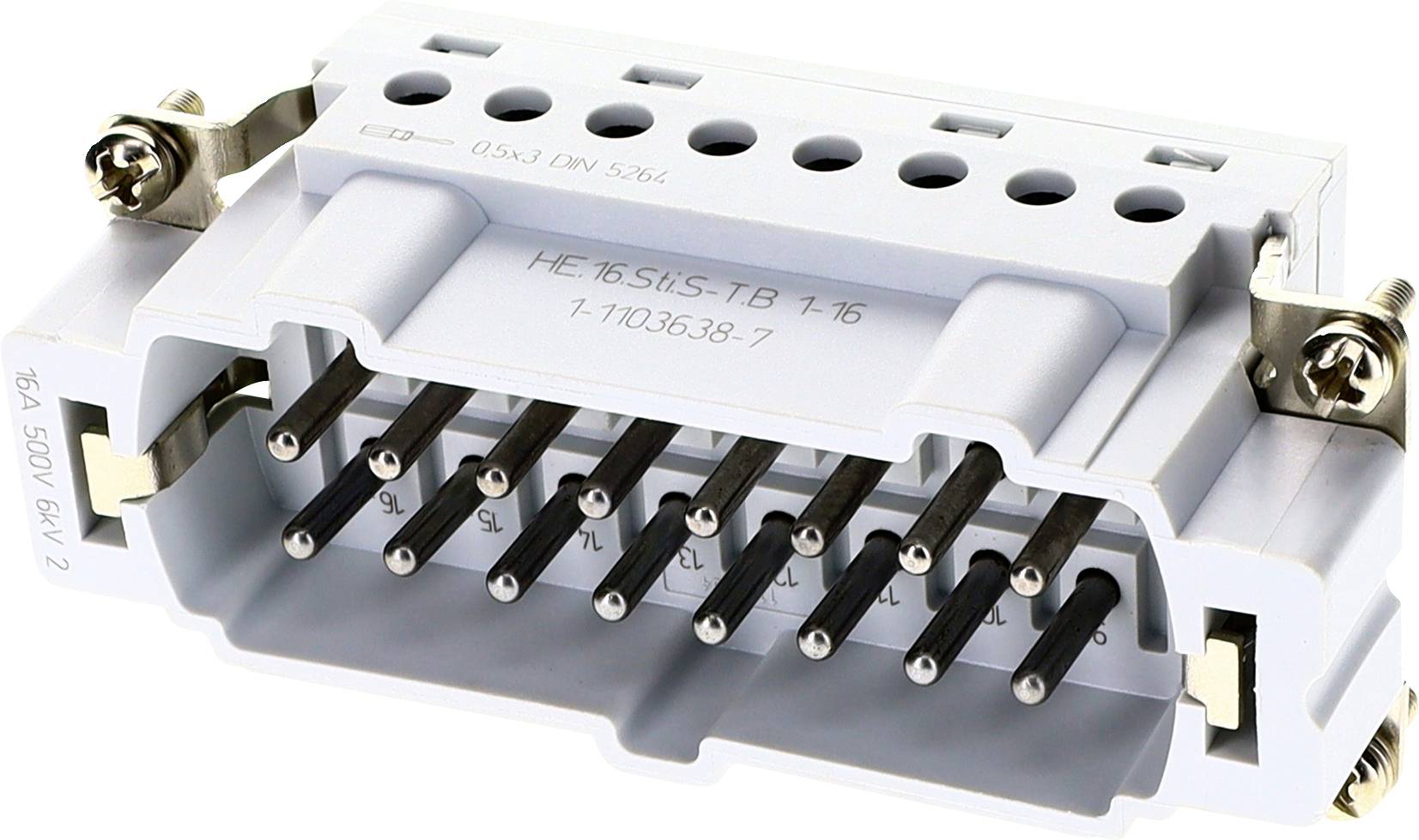 'Een witte multi-pin elektrische connector met metalen contacten, geëtiketteerd "HE-16 516-TB 7.16". Gebruikt voor industriële toepassingen.'