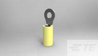 Een kleine, gele cilinder met een zilverkleurige, metalen ring aan de bovenkant, vermoedelijk een aansluitkabel of stekker.