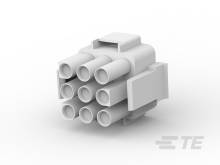 Een witte, multipolaire elektronische stekker voor technische toepassingen, bestaande uit twee rijen van elk vier ronde pinnen.