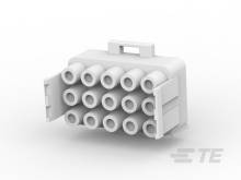 Een 12-polige elektrische stekkerverbinding, wit, met een rechthoekige behuizing en ronde contactopeningen, gebruikt voor bekabeling.