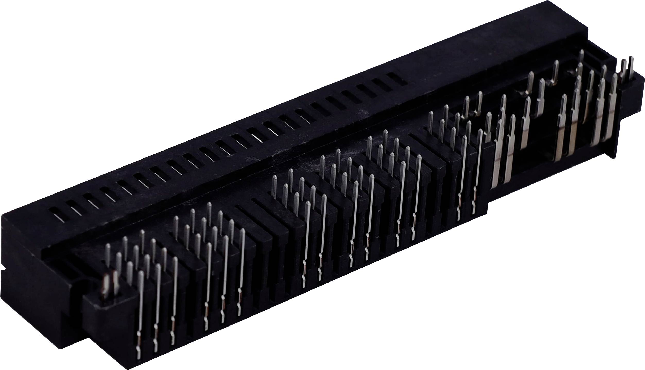 Een zwarte rechthoekige elektrische connector met meerdere metalen pinnen die naar buiten steken.