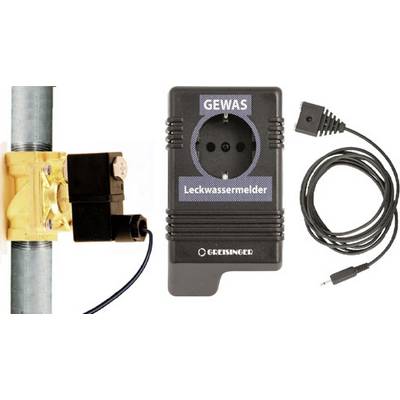 'Waterlek detector' en elektriciteitskabels op een witte achtergrond. De detector is zwart, rechthoekig met een stopcontact. Links is een buis met een gele aansluiting.
