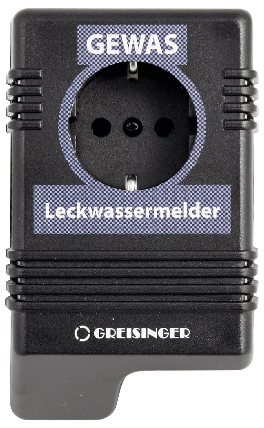 Zwarte GEWAS lekwaterdetector met circulaire uitlaat opening en Greisinger logo.