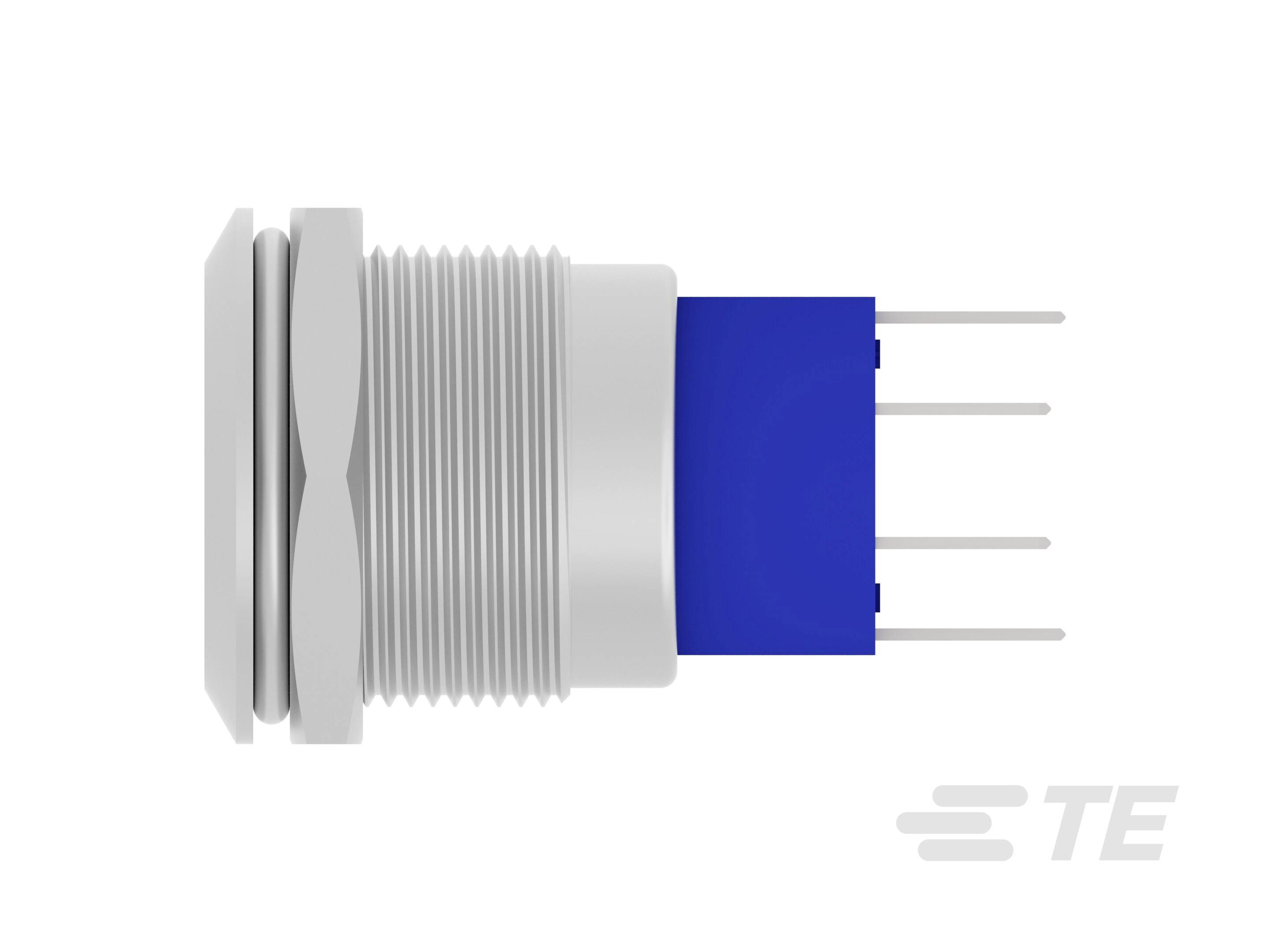 Zijaanzicht van een blauwe elektronische connector met meerdere aansluitcontacten, fabrikemtlogo rechtsonder.