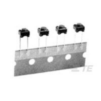 Vijf elektronische componenten met draden zijn bevestigd aan een band, waarschijnlijk voor assemblage of productie.