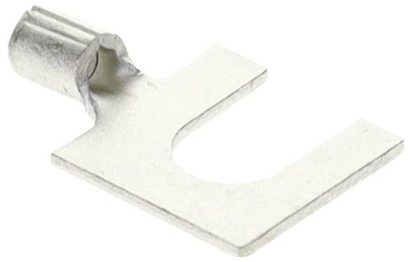 Een plat, U-vormig metalen onderdeel met een cilindrische aanhechting aan de bovenkant, dat lijkt op een beugel of clip, weergegeven op een effen achtergrond.