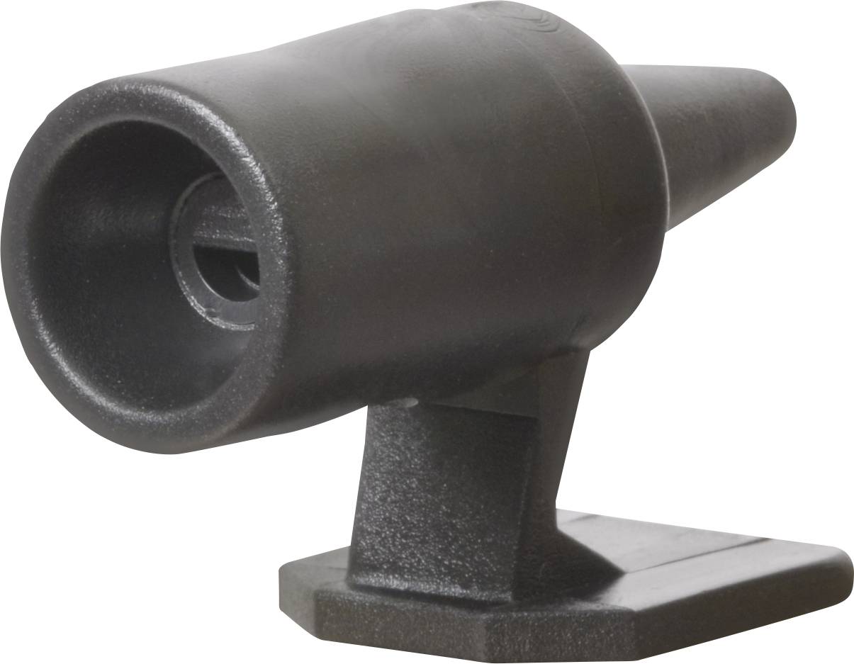 Een zwarte metalen microfoonstandaard in Y-vorm, staand op een rechthoekige voet.