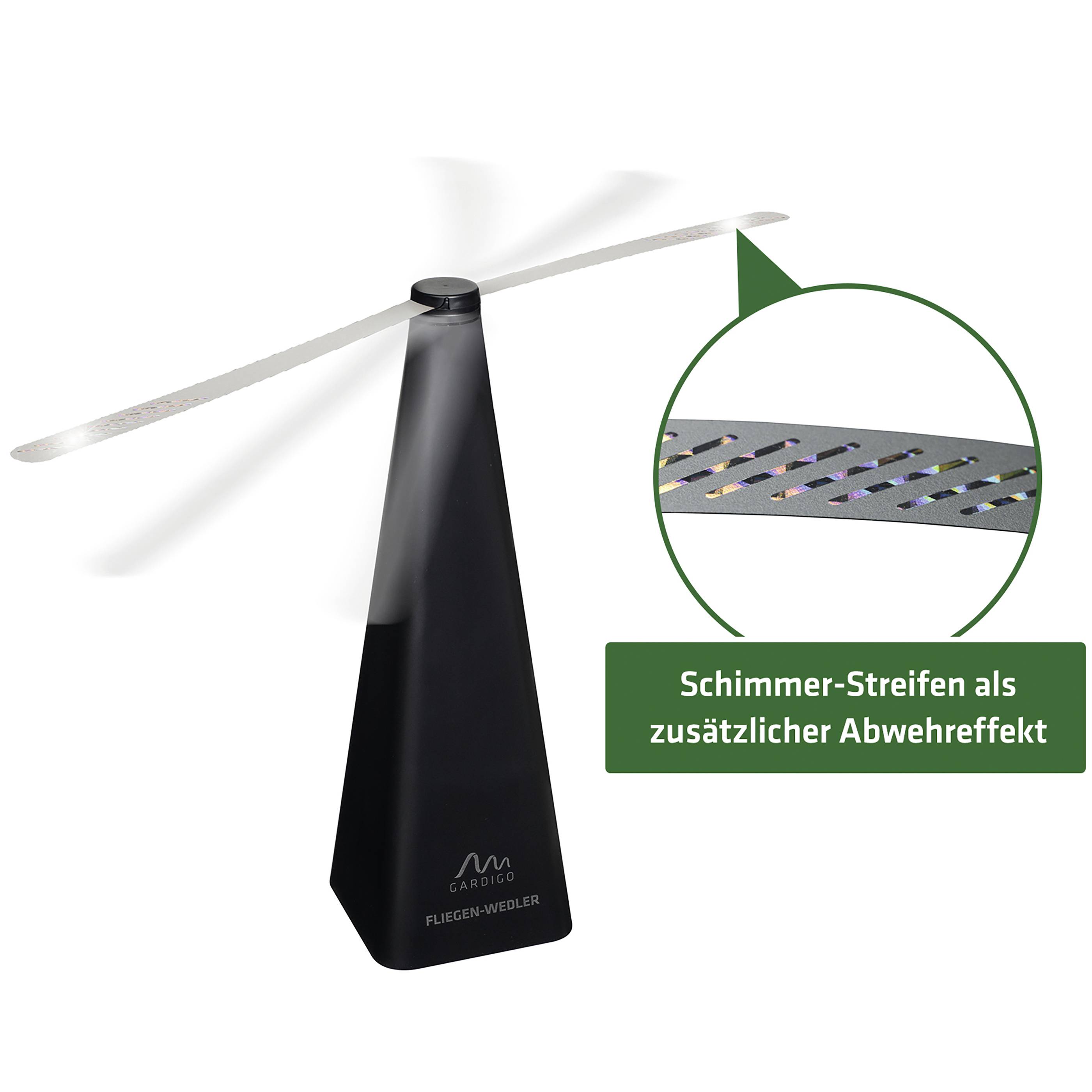 'Vliegenverdrijver' Ventilator met roterende rotor. Close-up toont glanzende strepen op rotor voor extra afwerende werking.