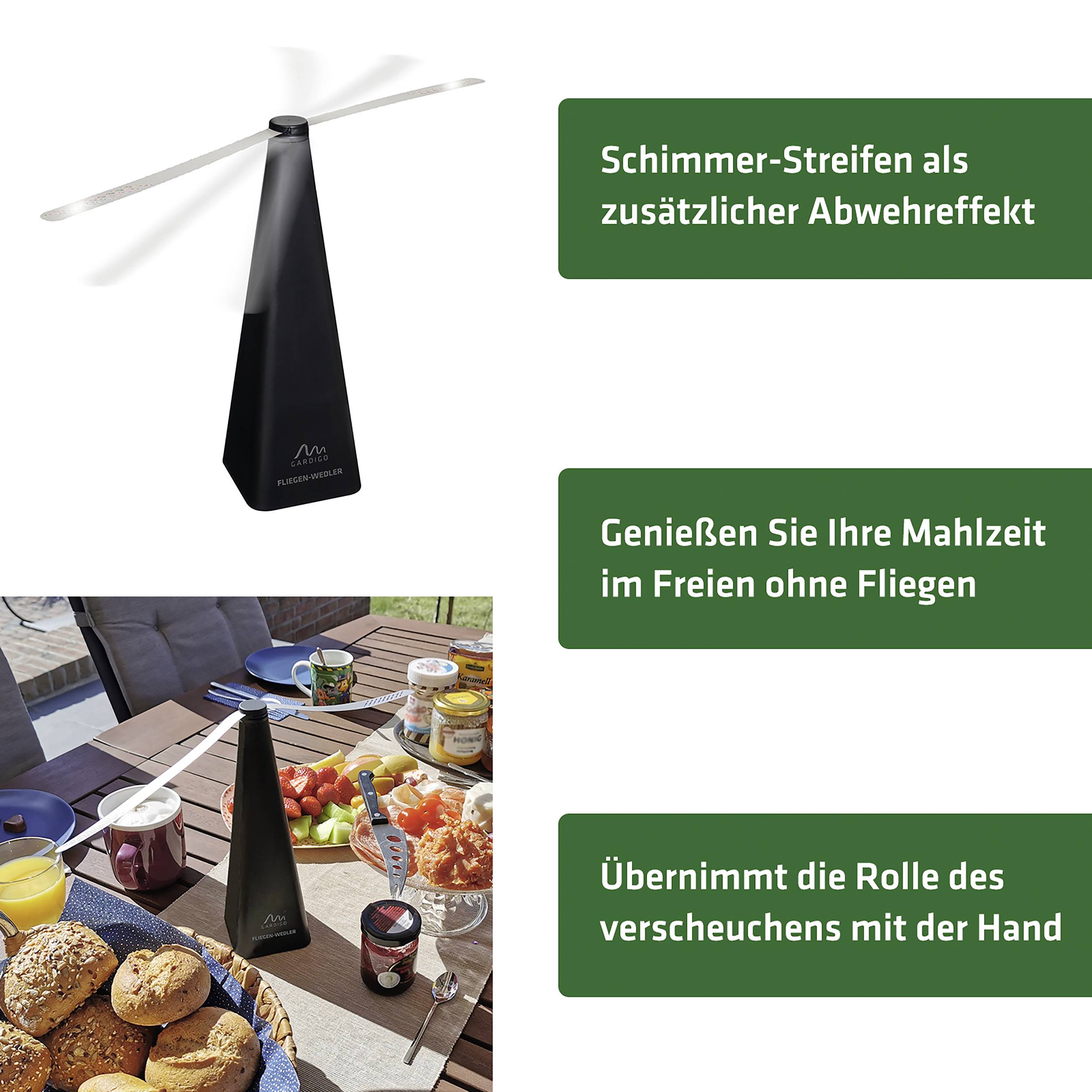 Op een tafel buiten staat een draaiende ventilator dicht bij een gedekte ontbijttafel. Een advertentietekst prijst het afweermechanisme tegen vliegen.