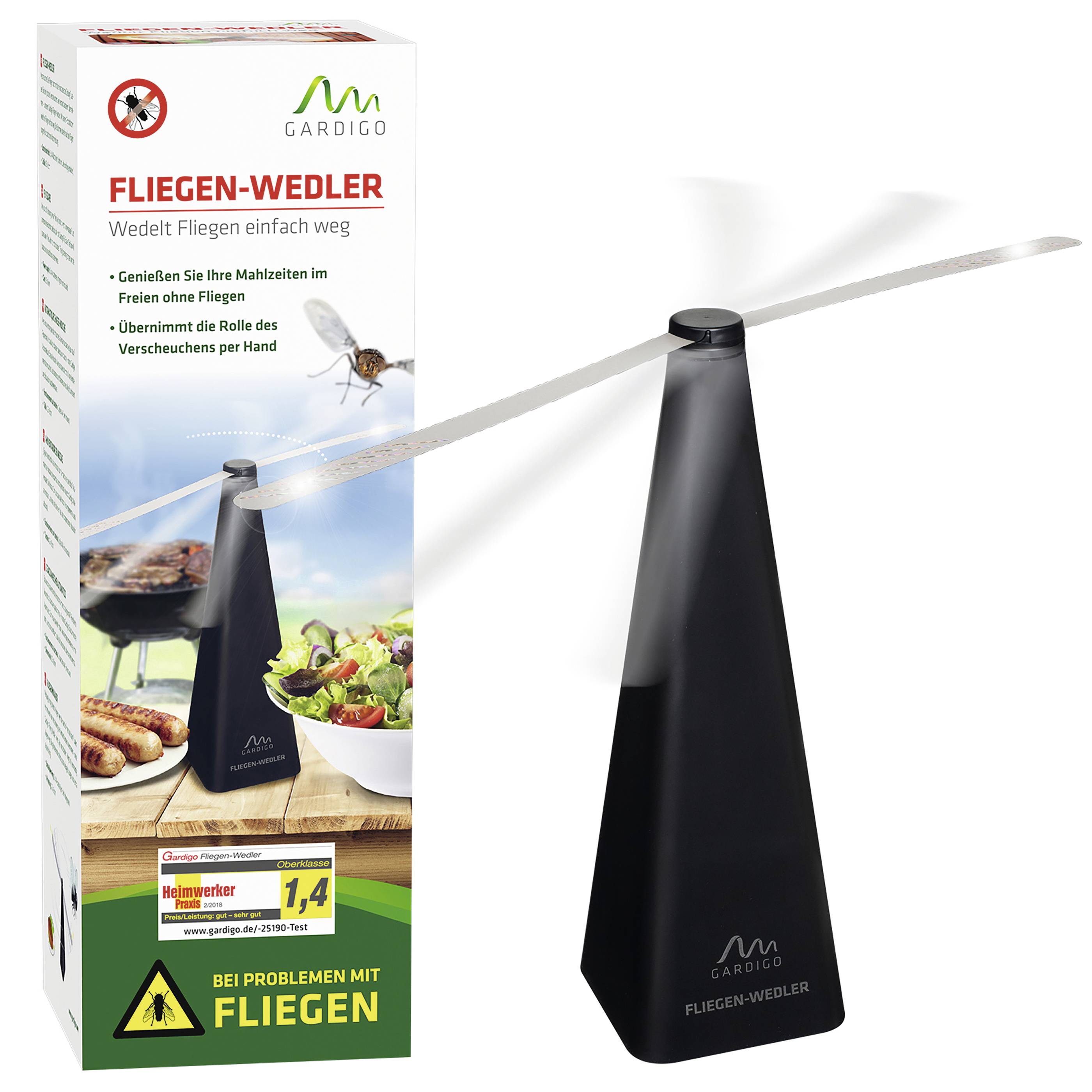 Zwarte vliegenmepper naast verpakking; houdt insecten op afstand tijdens het eten in de buitenlucht. Tekst op doos beschrijft functie en prijs.