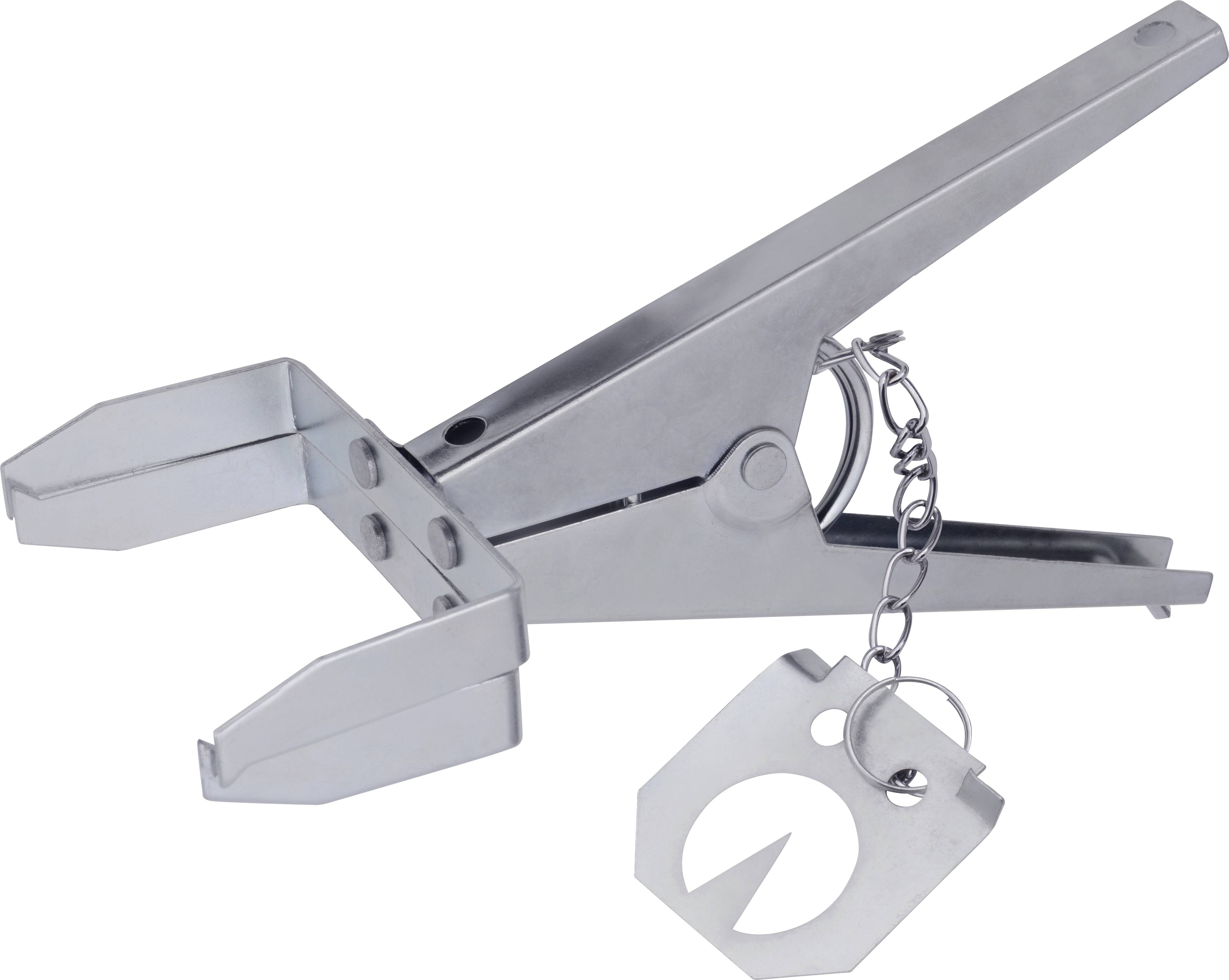 Metalen tang met sleutelhanger. Geschikt voor vasthouden of openen. Voornamelijk zilverkleurig, industrieel gereedschap.