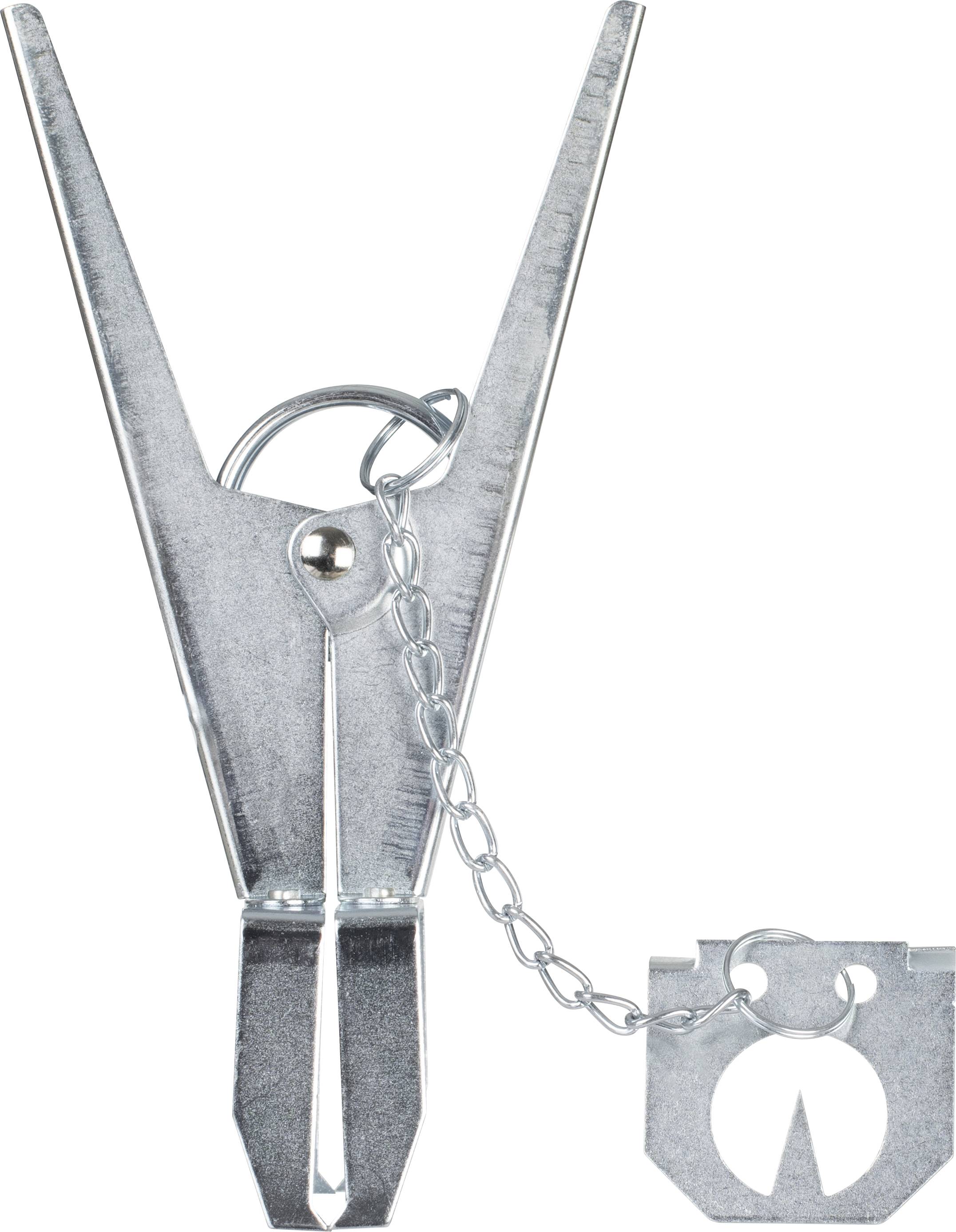 Een grote metalen klem met een ketting en een klein metalen symbool dat eruitziet als een gestileerde beer bevestigd.