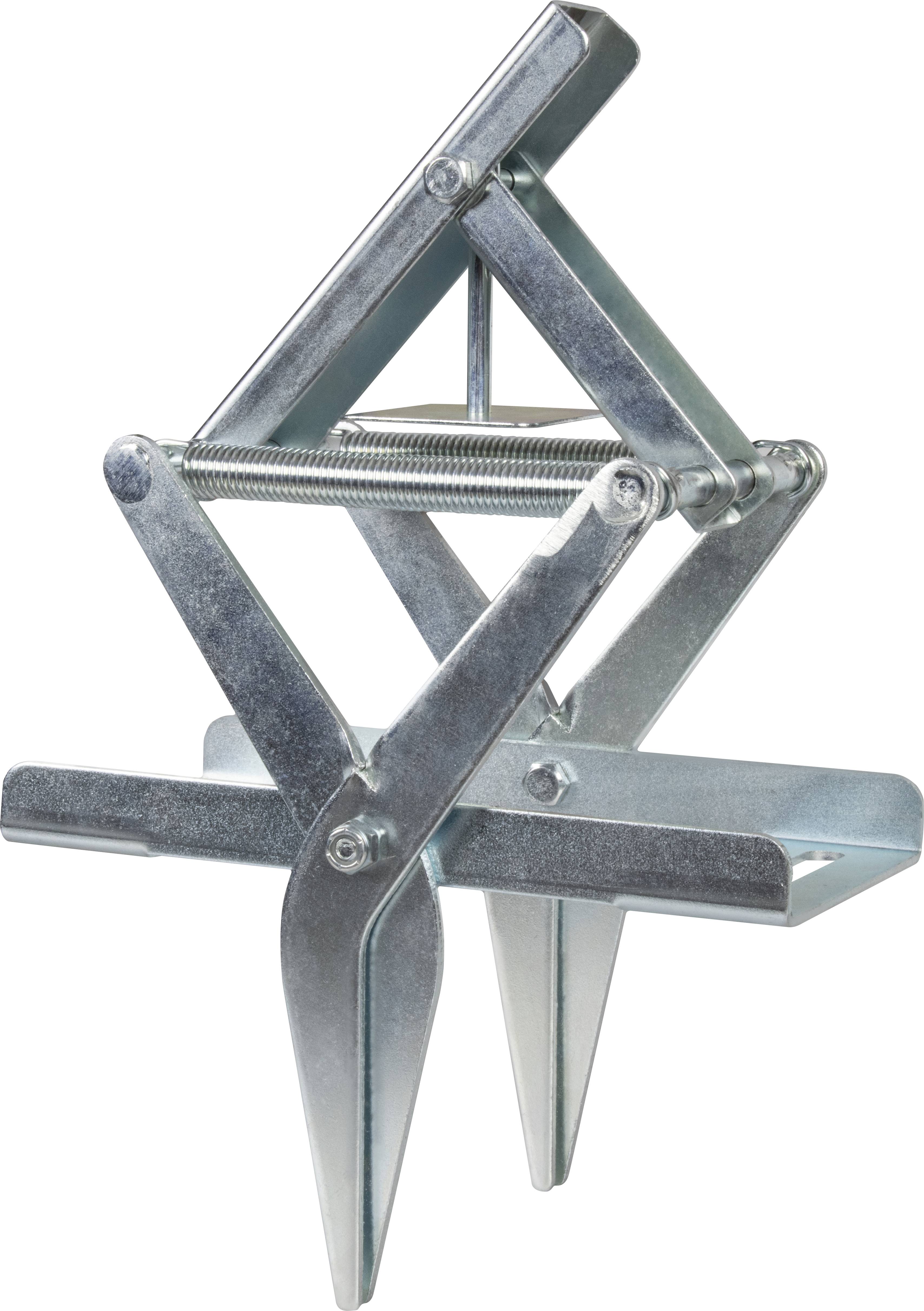 Een verzinkte stelwig met twee armen en een veer, gebruikt voor het bevestigen en stabiliseren van componenten.
