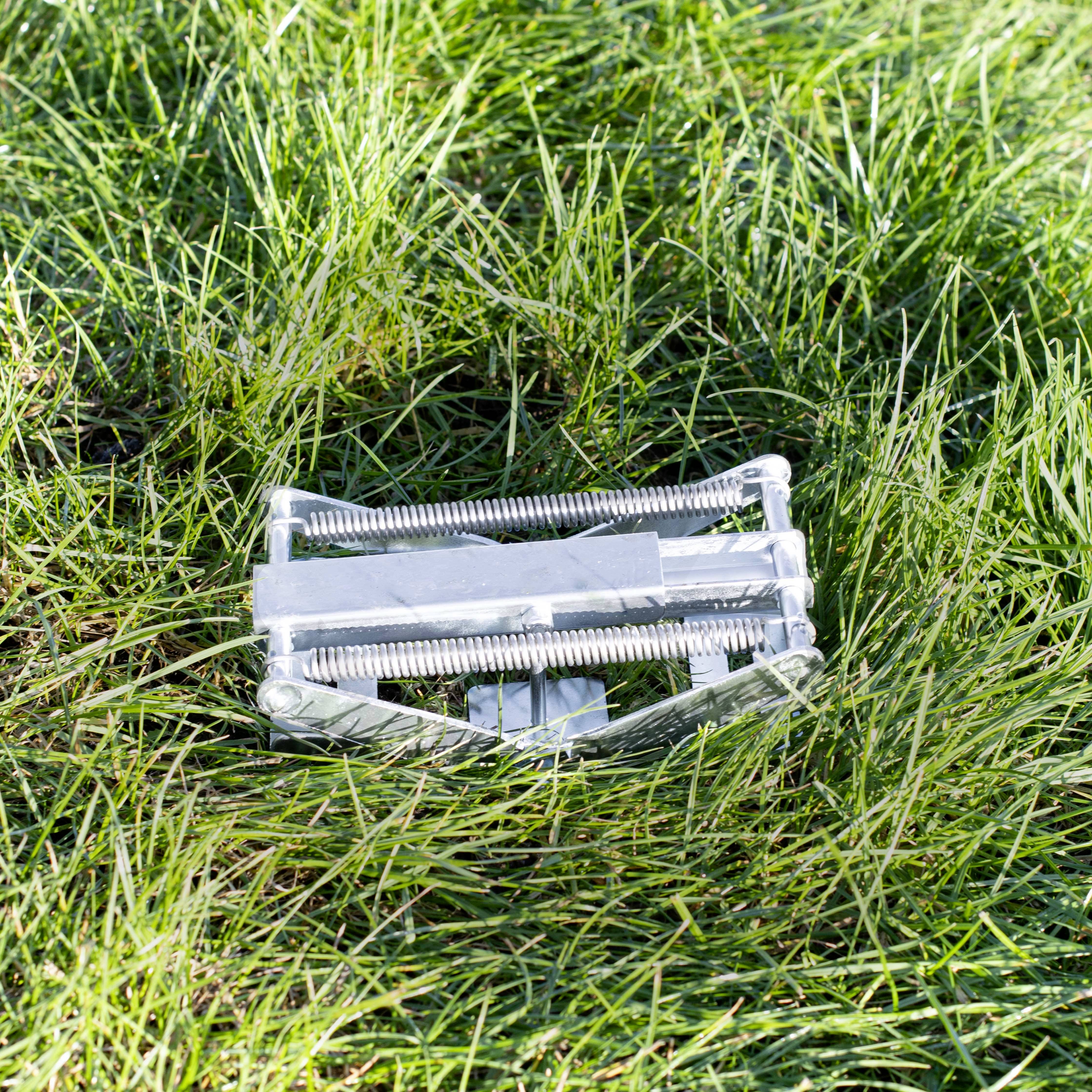 Een metalen val ligt verscholen in het hoge gras, omgeven door groen gebladerte. De val staat open en is klaar om iets te vangen.
