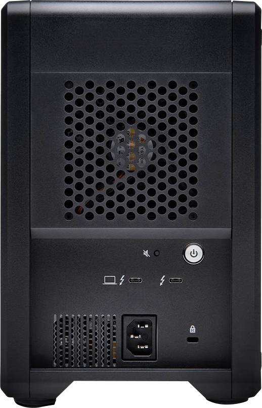 Achterkant van een zwart computerbehuizing met ventilatieroosters, aansluitingen voor stroom, USB en Thunderbolt, en een netschakelaar.