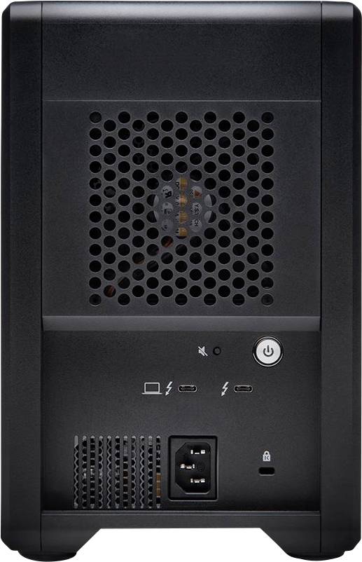 De achterkant van een zwart computerbehuizing met ventilatierooster, twee USB-C-poorten, een audio-aansluiting, een netschakelaar en een stroomaansluiting.