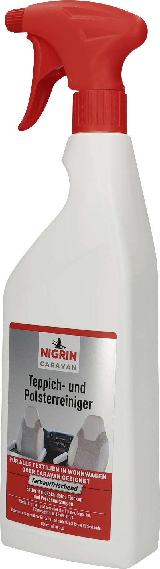 Spuitfles met rode spuitkop, etiket 'Nigrin Tapijt- en Bekledingsreiniger' voor caravans en campers.