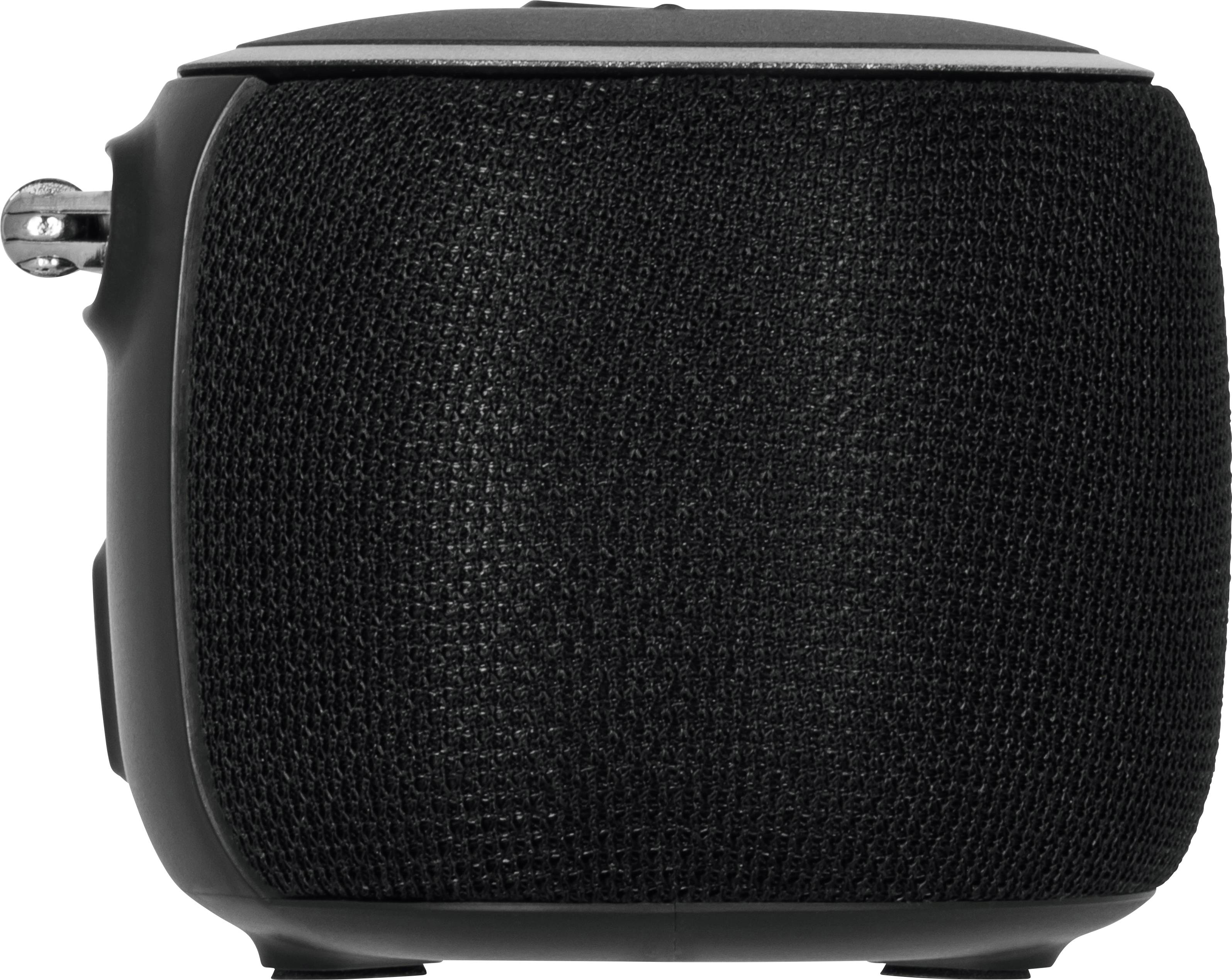 Een zwarte Bluetooth-speaker met afgeronde hoeken en een netgaas aan de voorkant, gezien van opzij.