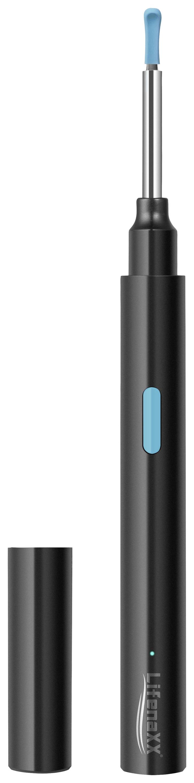 Een zwarte, slanke oorpeuteraar met een blauw uiteinde en een afneembare deksel, verticaal geplaatst. Geschikt voor oorhygiëne.