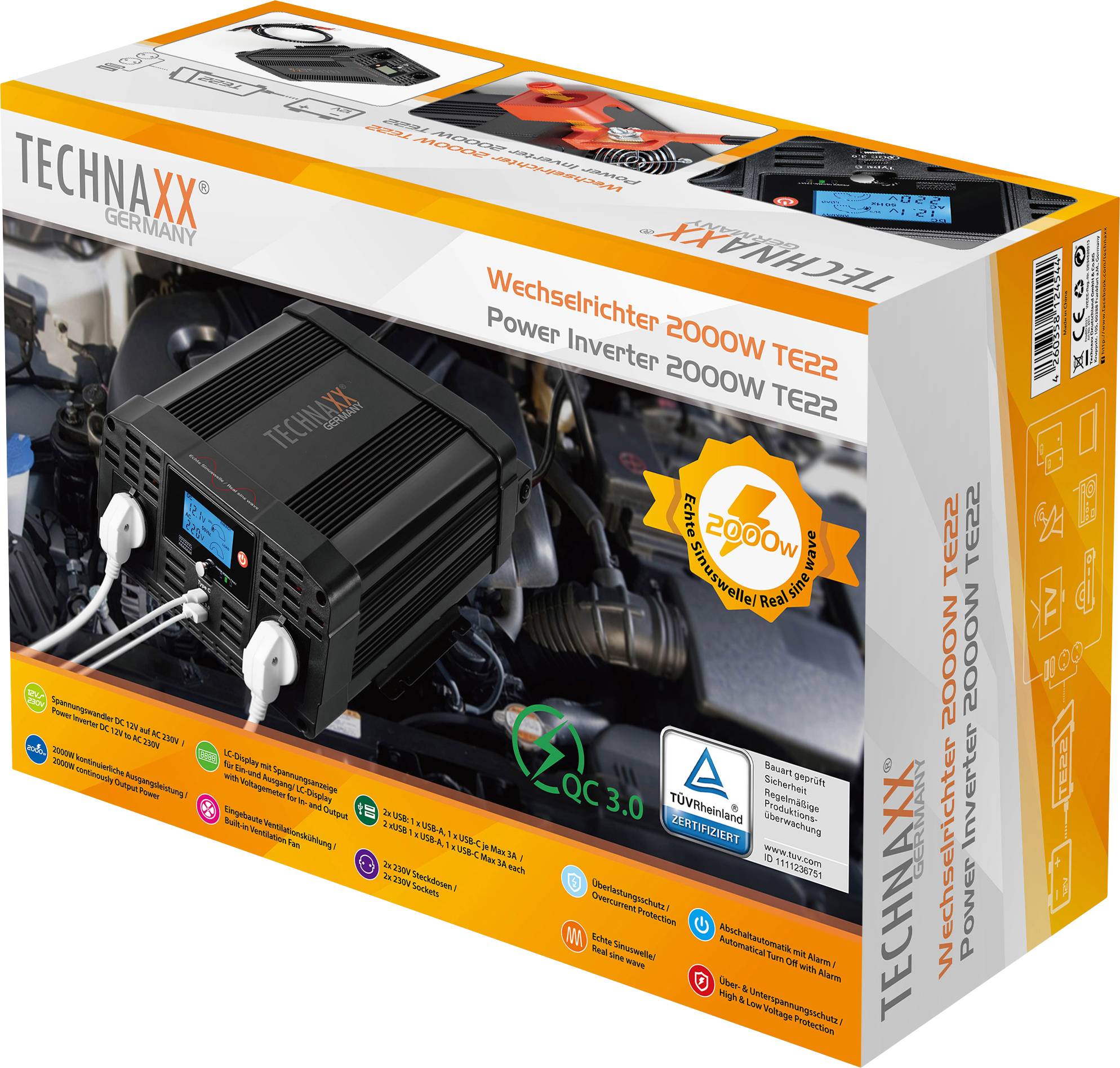 Omvormer 2000W TE22 van Technaxx Germany, afgebeeld in een verpakking. Apparaat converteert gelijkstroom naar wisselstroom.