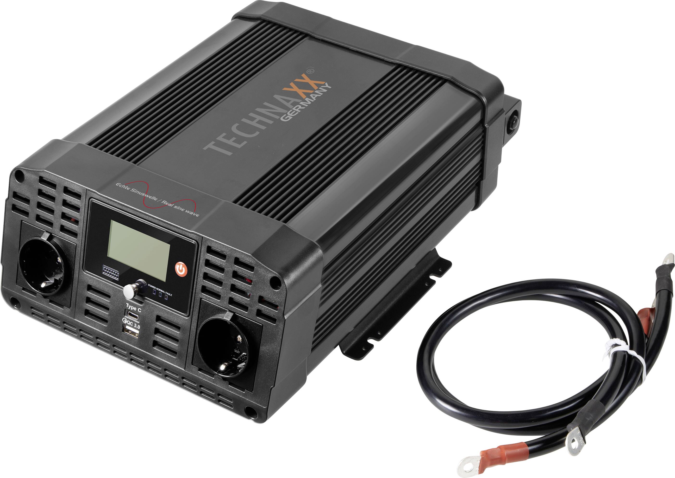 Een zwarte omvormer met twee stopcontacten en een digitaal display, met een kabelset ernaast. Apparaat voor stroomomzetting.