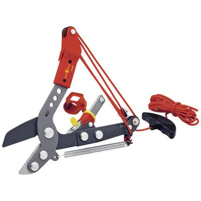 Takkenschaar met rood handvat en treksysteem voor boombeheer. Metalen snijblad, met een spanveer onderaan voor hefboomwerking.