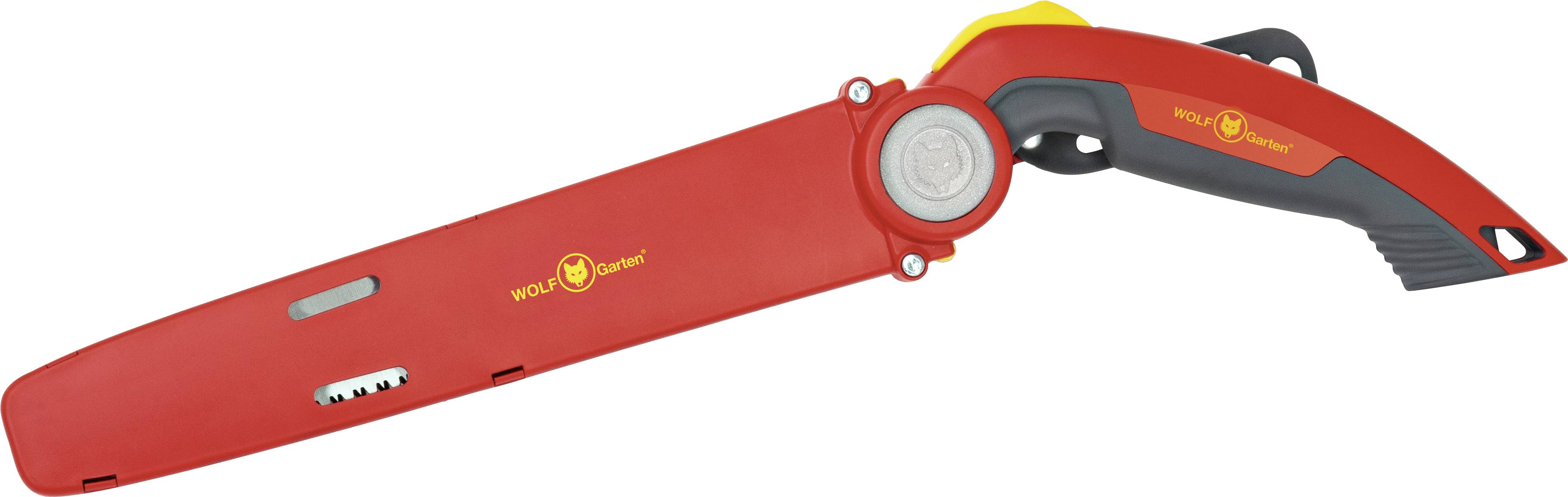 Rode opvouwbare zaag met zwarte handgreep. Gereedschap in opgevouwen toestand, merklogo op de behuizing.