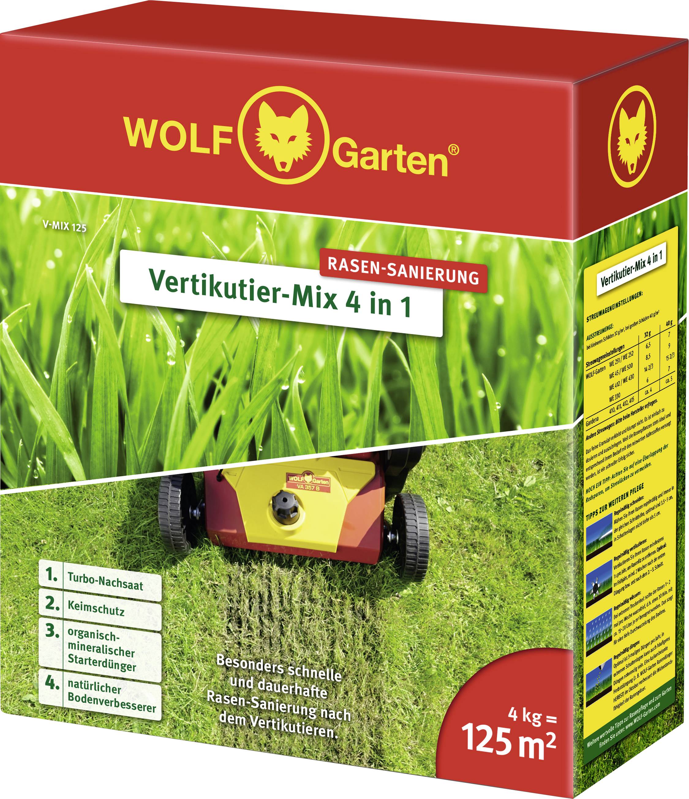 De verpakking toont 'WOLF-Garten Verticuteermix 4 in 1', geschikt voor 125m². Bevat turbo-naadzaad, kiembescherming, organische startmeststof en bodemverbeteraar.