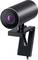 Een zwarte webcam met een ronde lens, AI Auto Framing en 4K-resolutie, op een standaard voor bevestiging aan monitors.