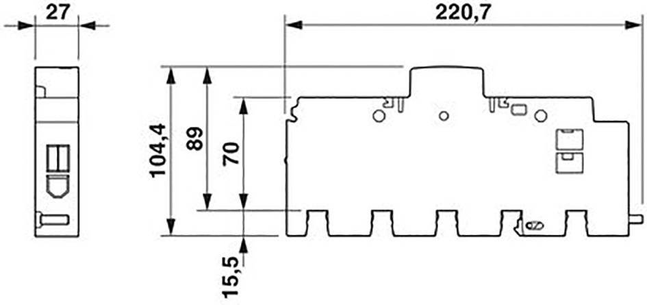 Lineaire technische tekening van een mechanische component, toont afmetingen: hoogte 104,4 mm, breedte 220,7 mm, diepte 27 mm.