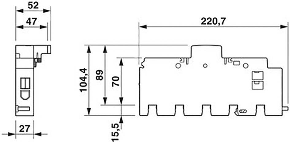 Een technische tekening van een elektrisch onderdeel met afmetingen: breedte 220,7 mm, hoogte 104,4 mm. Verschillende profielen weergegeven.