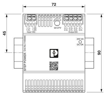 Voeding met afmetingen 72x90x45 mm. Bovenaan elektrische aansluitingen en invoerbeschrijvingen. Onderaan QR-code en 'STEP POWER'.