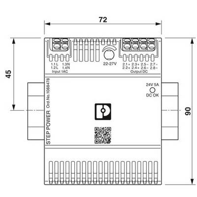 Installatiehandleiding voor elektronisch apparaat met technische specificaties en aansluitgegevens. Afmetingen: 72x90x45 mm, 24V 5A output.