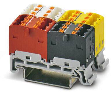 'Meerkleurige elektrische stekkerverbindingen gemonteerd op DIN-rail, gebruikt voor veilige en gestructureerde bedrading in elektrische schakelingen.'