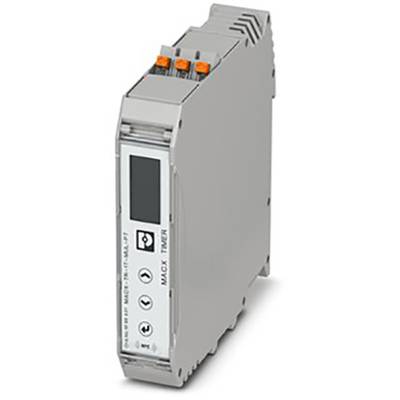 Grijs elektronisch apparaat met display en bedieningsknoppen, vergelijkbaar met een tijdschakelaar of relais voor automatiseringssystemen.
