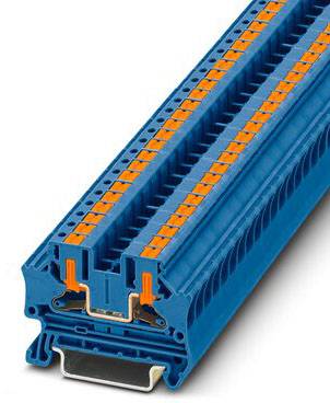 Een blauwe rijgklem met oranje elementen, die wordt gebruikt voor elektrische verbinding en distributie in schakelkasten.