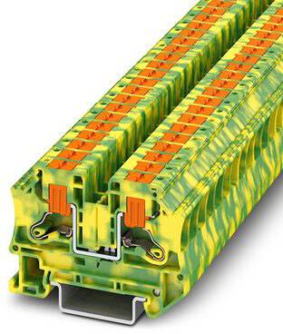 Een meerkleurige, klemmenachtige aansluitblok met groen-gele isolatie en oranje drukpunten, monteerbaar op DIN-rail.