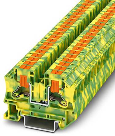 Klem met een groen-geel behuizing en oranje contacten, bestemd voor een veilige elektrische verbinding in schakelkasten.